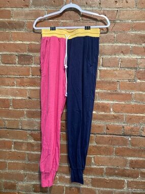 Camp Collection Colorblock Joggers in Pink & Navy with Yellow Waistband